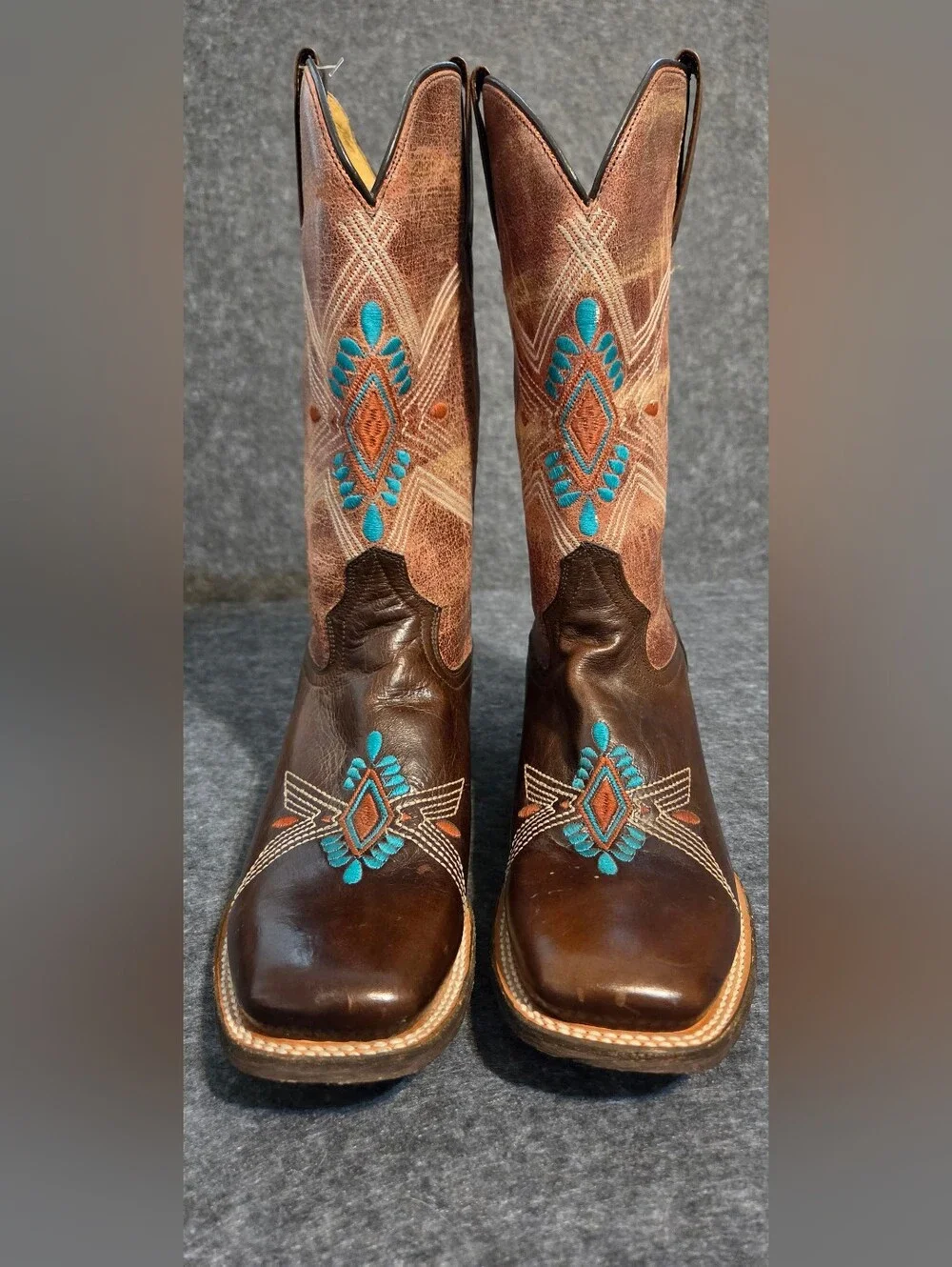 Roper Womens Brown Leather Western Boots Turquoise/Orange Embroidery Made Mexico